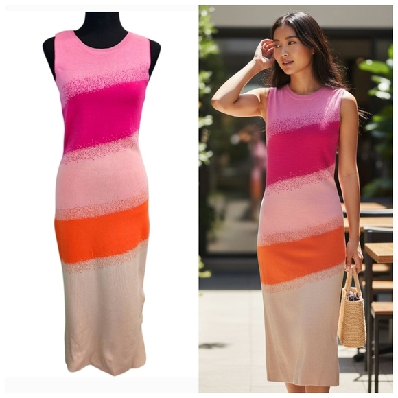 Caché Colorblock Knit Midi Dress Ombre Gradient Bodycon Resort Vacation XS - Picture 11 of 14